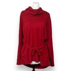 Ashley Stewart Womens Cowl Flat Knit Belted Long Sleeve Sweater Size 22/24 Red